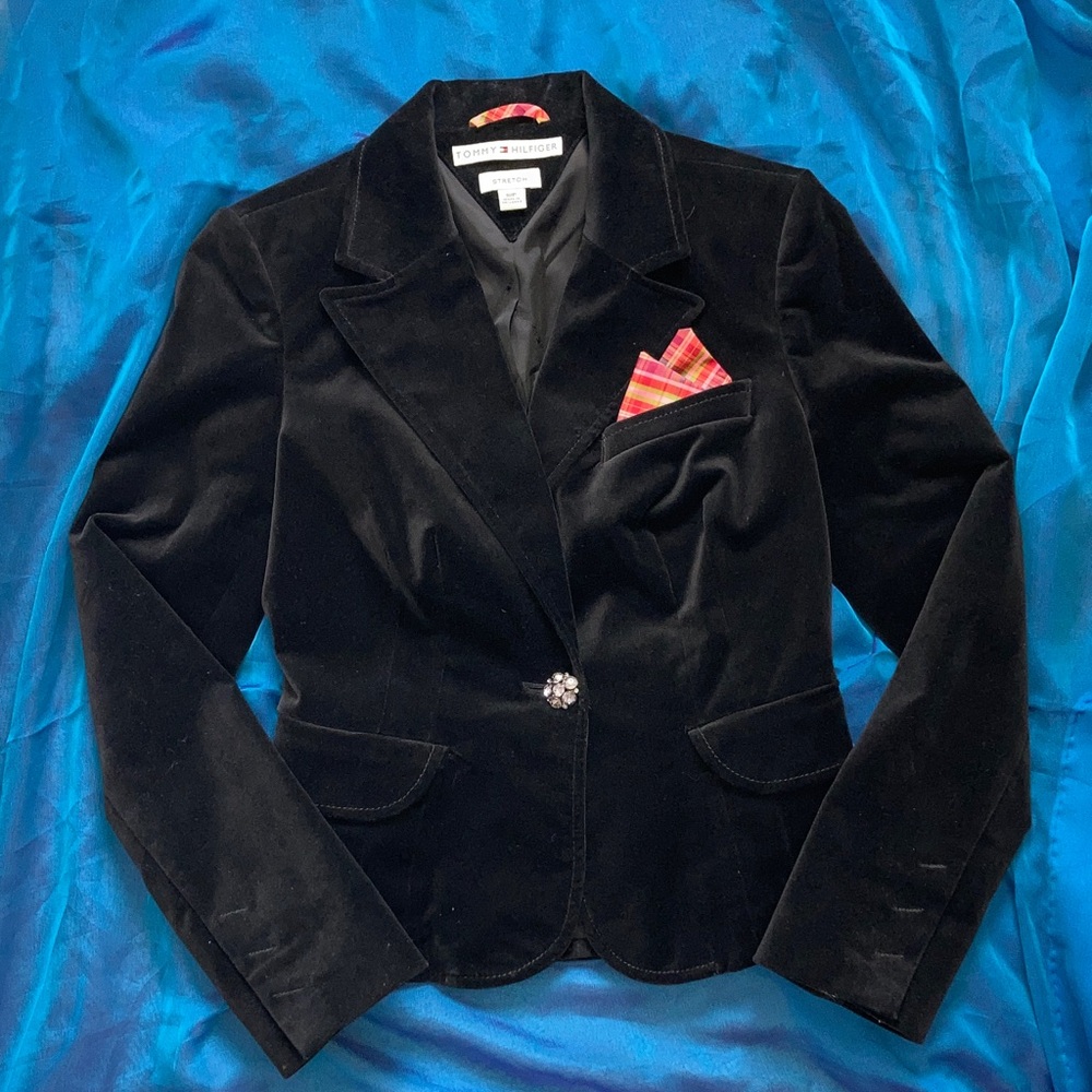 Y2K Tommy Hilfiger Preppy Cotton Blazer w/ Rhinestone Button & 2 Pocket squares